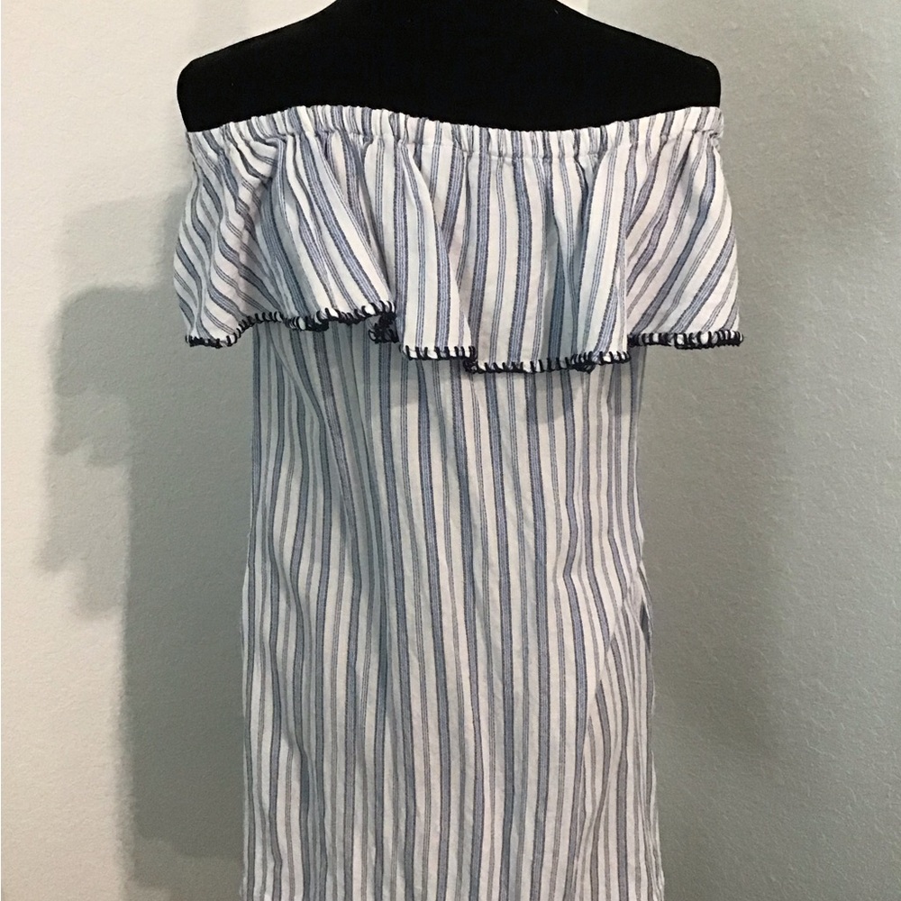 Tommy Bahama Ticking Stripe Blue And White Off-Shoulder Dress/Swim Cover-Up View 3